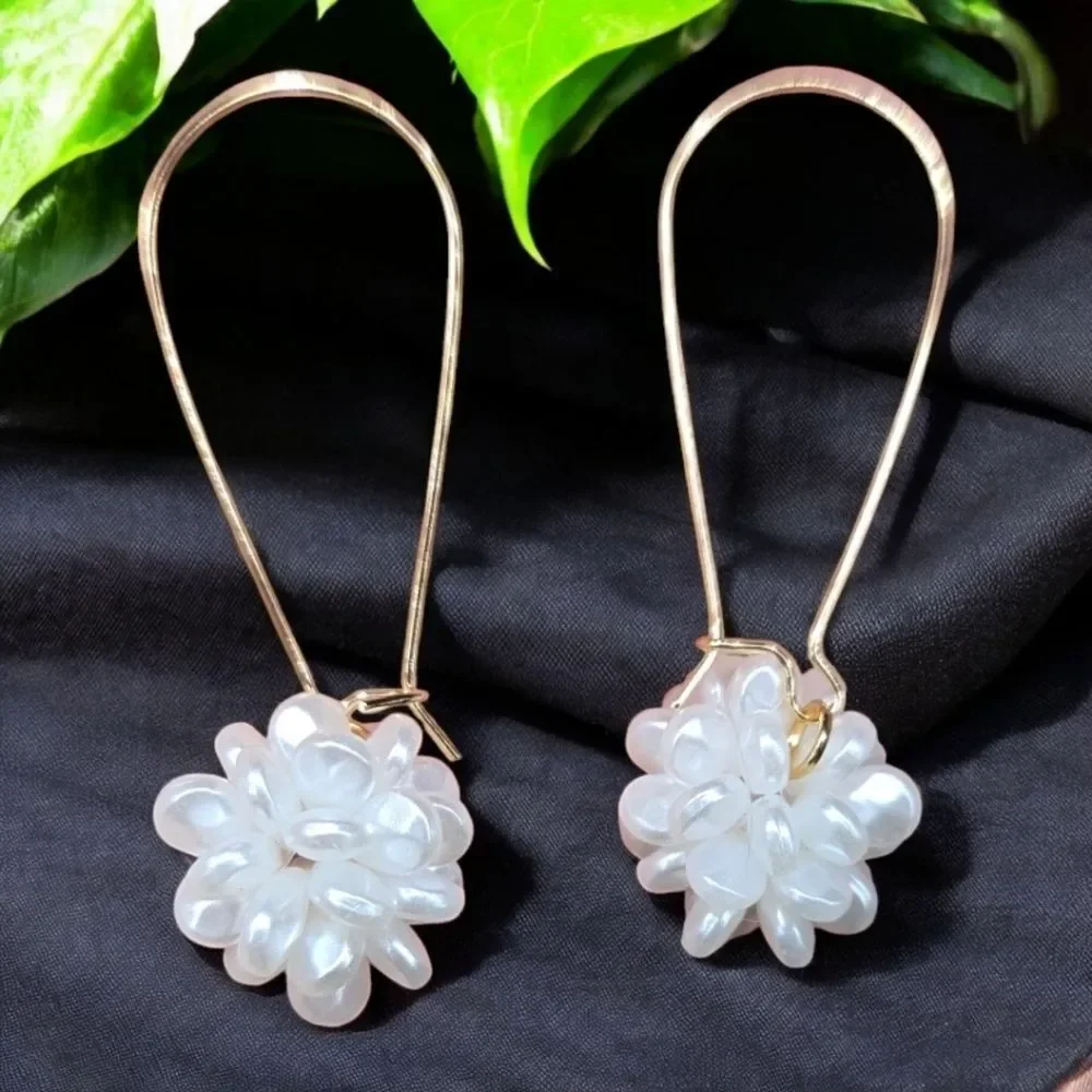 Pearl Flower Drop Earrings Gold Hoop Bridal Wedding Elegant Statement Earrings